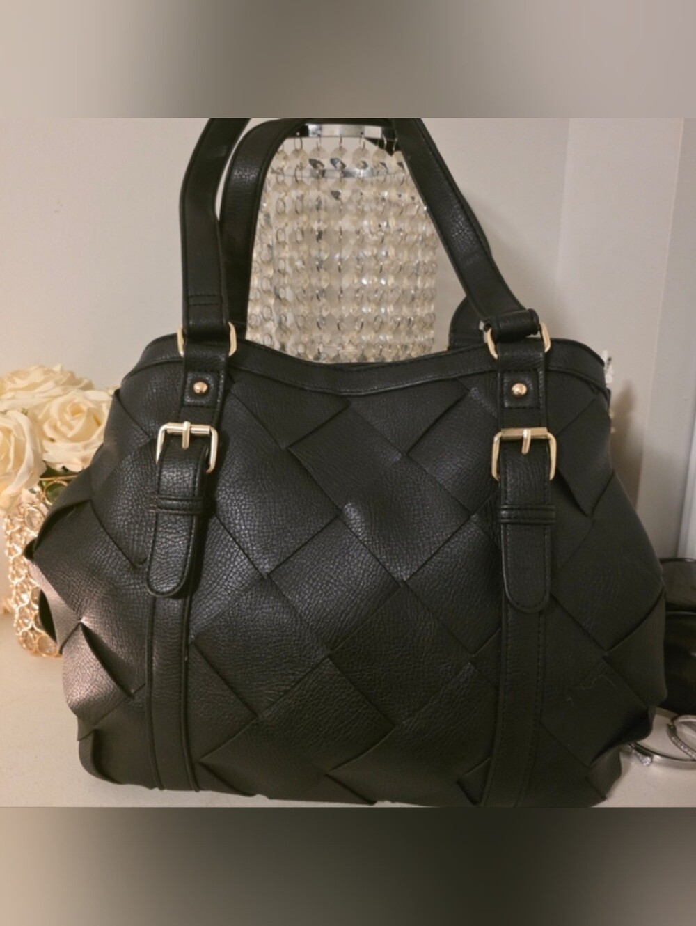 Woven-Panel Black Shoulder Bag with Gold Hardware